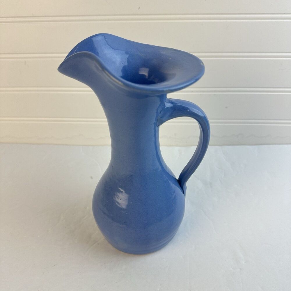 Blue Stoneware Artisan Pottery Pitcher Milk Jug 8.5" Handmade Rustic Farmhouse